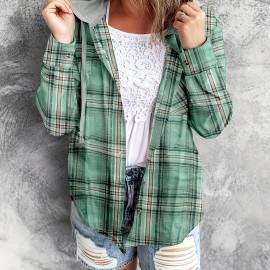 Plaid Print Hooded Shirt, Casual Long Sleeve Drawstring Shirt, Women's Clothing