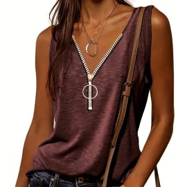 Half Zip Solid Tank Top, Casual Sleeveless Summer Tank Top, Women's Clothing