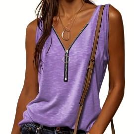 Half Zip Solid Tank Top, Casual Sleeveless Summer Tank Top, Women's Clothing
