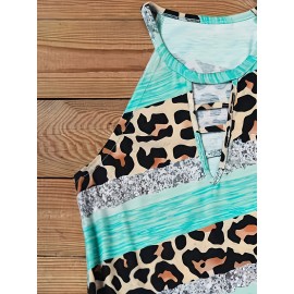 Leopard Print Colorblock Halter Neck Top, Casual Cutout Sleeveless Top For Summer, Women's Clothing