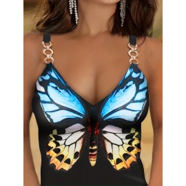 Butterfly Print Chain Linked Strap Cami Top, Casual V-neck Sleeveless Cami Top For Summer, Women's Clothing