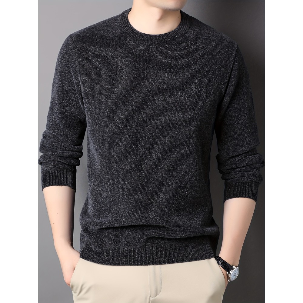 Men's Stylish Solid Knitted Pullover, Casual High Stretch Breathable Long Sleeve Crew Neck Top For City Walk Street Hanging Outdoor Activities