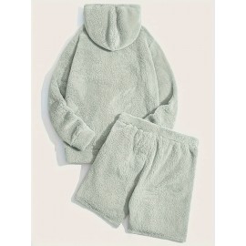 Men's Fluffy 2Pcs Outfits, Casual Hoodies Long Sleeve Pullover Hooded Sweatshirt Snuddie And Sweatpants Shorts Set For Spring Fall, Men's Clothing