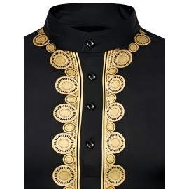 Men's Traditional Long Sleeve Casual African Lightweight Long Shirt, Cheongsam Collar Style