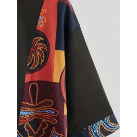 Men's Loose Vintage Ethnic Pattern Floral Printed Crew Neck T-shirt Casual Tee 3/4 Sleeve Summer Beach Tops Chinese Vintage Streetwear