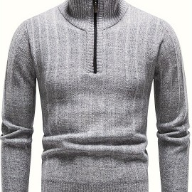 Turtle Neck With Zipper Knitted Texture Sweater, Men's Casual Warm Solid Color Mid Stretch Pullover Sweater For Fall Winter