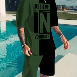 Believe In Yourself Print, Men's 2Pcs Outfits, Casual Crew Neck Short Sleeve T-shirt And Drawstring Shorts Set For Summer, Men's Clothing