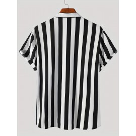 Men's Casual Stripe Mismatch Pattern Mandarin Collar Short Sleeve Shirt, Male Hawaiian Shirt For Summer