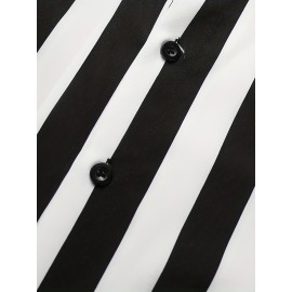 Men's Casual Stripe Mismatch Pattern Mandarin Collar Short Sleeve Shirt, Male Hawaiian Shirt For Summer