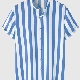 Men's Casual Stripe Mismatch Pattern Mandarin Collar Short Sleeve Shirt, Male Hawaiian Shirt For Summer