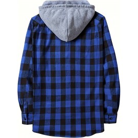 Plaid Pattern Men's Long Sleeve Hooded Shirt Jacket With Chest Pocket, Men's Casual Fall Winter Outwear