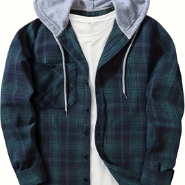 Plaid Pattern Men's Long Sleeve Hooded Shirt Jacket With Chest Pocket, Men's Casual Fall Winter Outwear