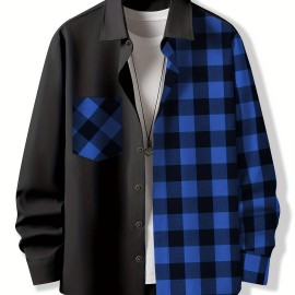 Stylish Collage Chest Pocket Plaid Pattern Casual Long Sleeve Button Up Shirt, Men's Clothes For Spring Summer Fall Outdoor