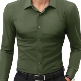 Basic Solid Men's Daily Stretch Formal Dress, Men's Slim Fit Long Sleeve Button Up Shirt, Spring Fall