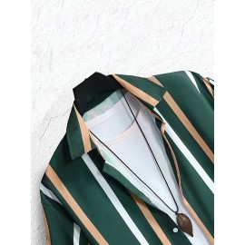 Men's Stripe Turndown Collar Short Sleeve Shirt, Trendy Comfy Shirt For Summer