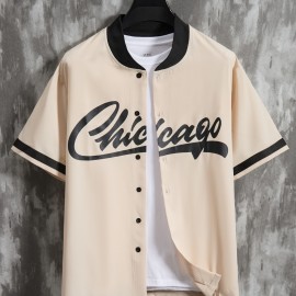 Stylish Letter Print Men's Casual Short Sleeve Shirt, Men's Baseball Jersey For Summer Vacation Resort, Tops For Men, Gift For Men